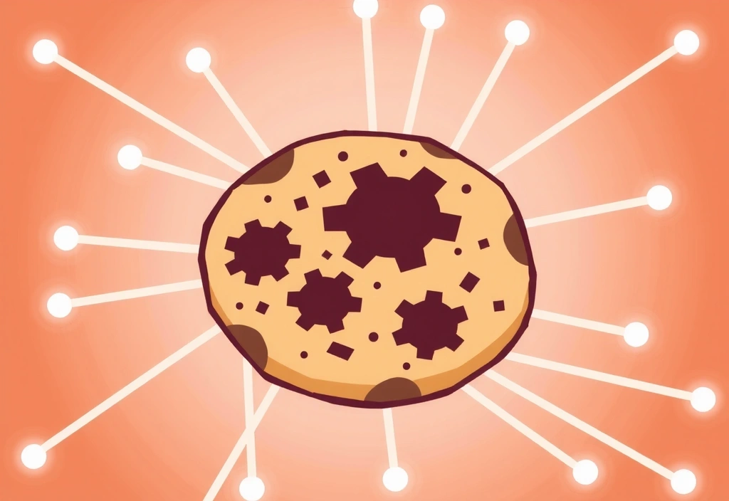 Illustrazione di un biscotto tecnologico, simbolo dei cookie digitali, con ingranaggi e circuiti.
