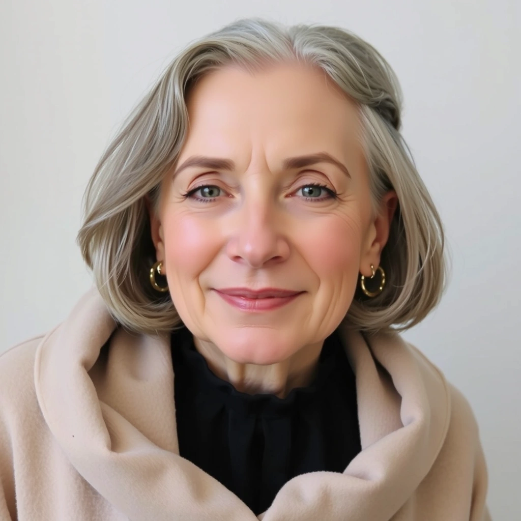 Ritratto di una donna anziana con capelli grigi e un'espressione gentile.